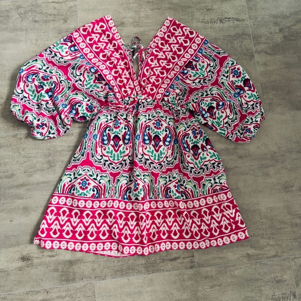 Cupshe Hot Pink Geo Puff Sleeve Mini Dress Size S - Picture 4 of 13